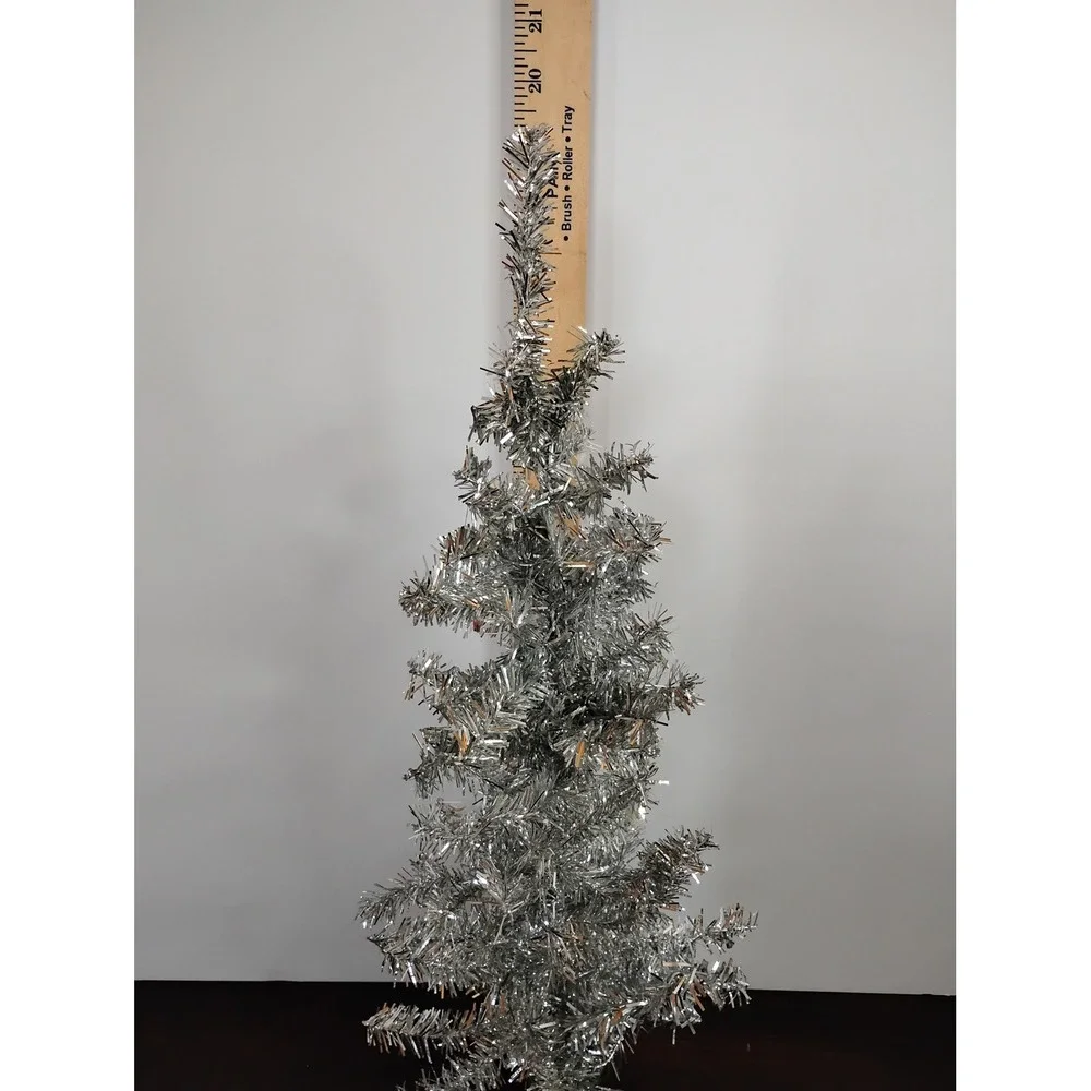 Silver Tinsel Tabletop Christmas Tree 20in and 3 White Polar Bear Ornaments Set